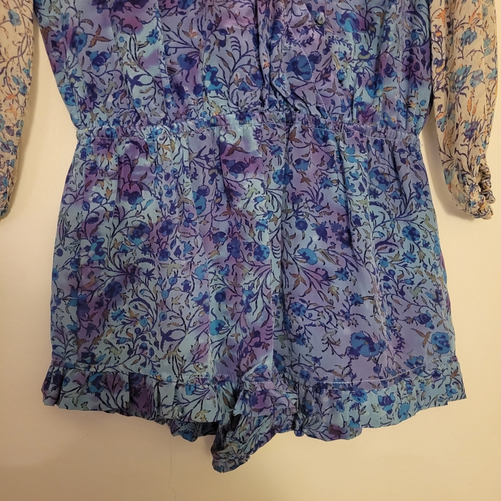 Gypsy 05 Floral Long Sleeve 100% Silk Blue Romper Size Small - Picture 10 of 16